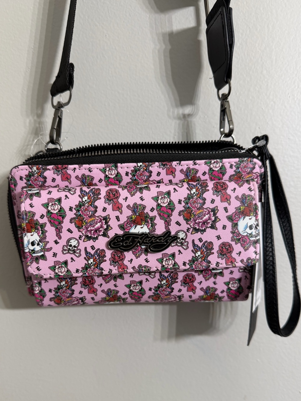 Ed Hardy Pink Tattoo Print Double-Zip Crossbody Wallet Bag